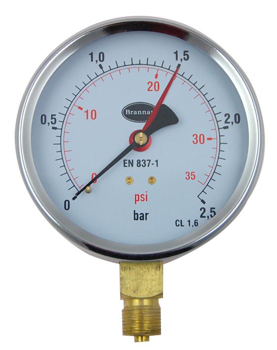 34/652/0 PRESSURE GAUGE, DIAL, 0 TO 2.5 BAR BRANNAN