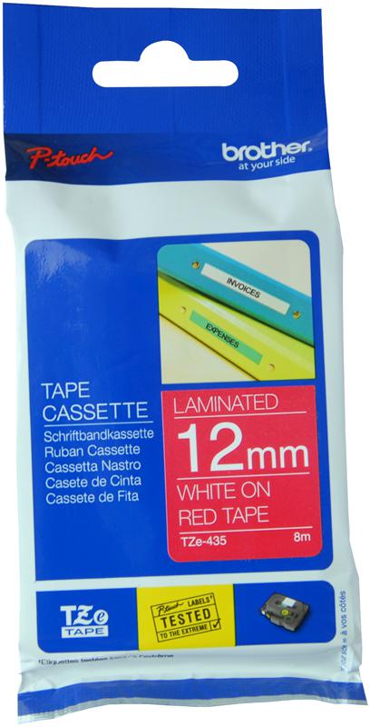 TZE-435 TAPE, WHITE ON RED, 12MM BROTHER