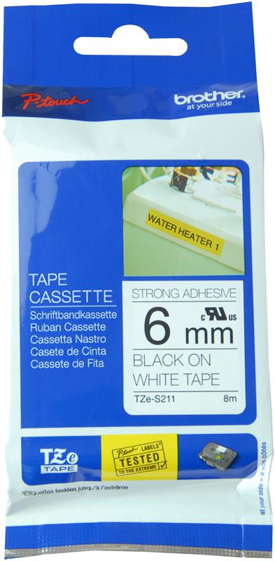 TZE-S211 TAPE, BLACK ON WHITE, 6MM BROTHER