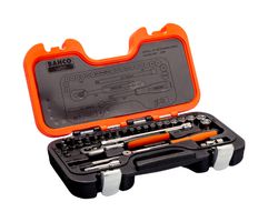 S290 - Socket Set, 1/4" Sizes, Metric Measurements, Ratchet Handle, 30 Pieces - BAHCO