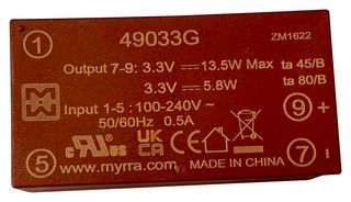 49033G - AC/DC PCB Mount Power Supply (PSU), ITE, Household & Transformers, 1 Output, 14.5 W, 3.3 VDC - MYRRA
