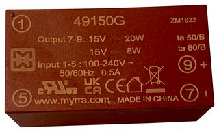 49150G - AC/DC PCB Mount Power Supply (PSU), ITE, Household & Transformers, 1 Output, 20 W, 15 VDC - MYRRA