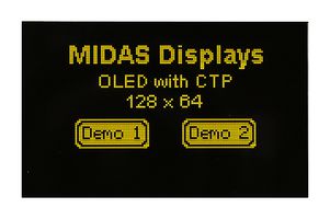 MDOG128064H1D-YMC - Graphic OLED, 128 x 64, Yellow on Black, 3V, I2C, Parallel, SPI, 66.8mm x 41.3mm, -20 °C - MIDAS
