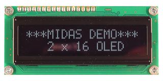 MCOB21605G1V-EWS - Alphanumeric OLED, 16 x 2, White on Black, 5V, Parallel, Cyrillic, English, Euro, 5.55 mm - MIDAS