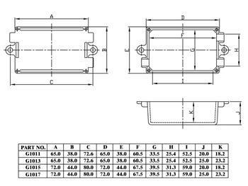 G1017 BEHUIZINGEN MET MONTAGEGATEN EN KABELUITSPARINGEN - ZWART 72 x 44 x 25 mm