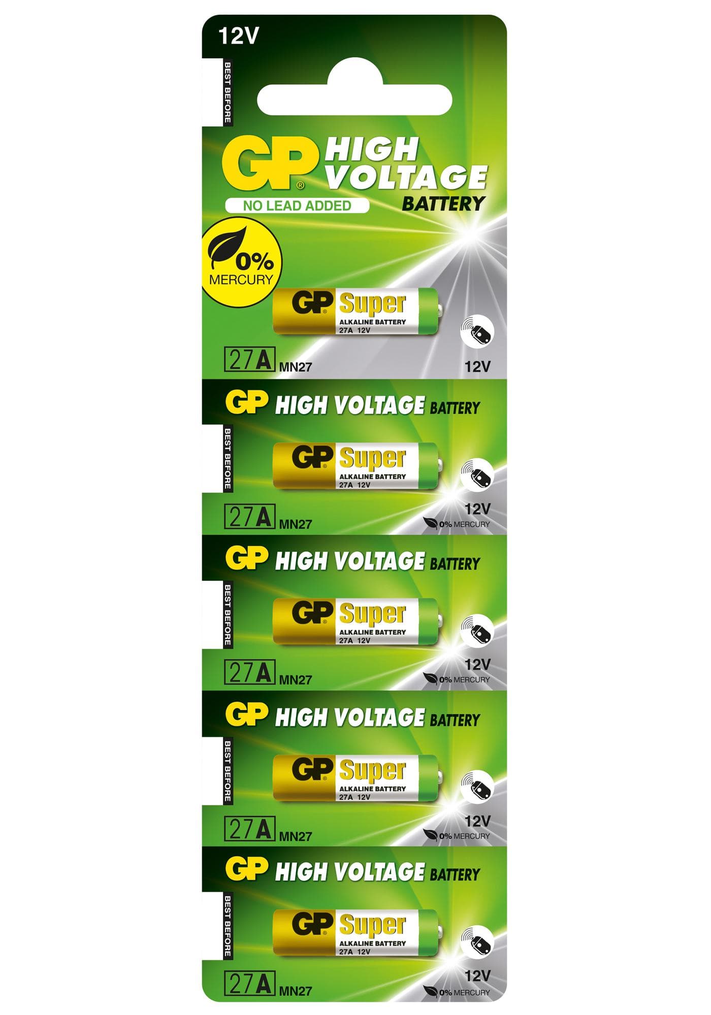 GP BATTERIES Non-rechargeable GPPBA27AF002 BATTERY, ALKALINE, 12V, A27, PK5 GP BATTERIES 3775333 GPPBA27AF002