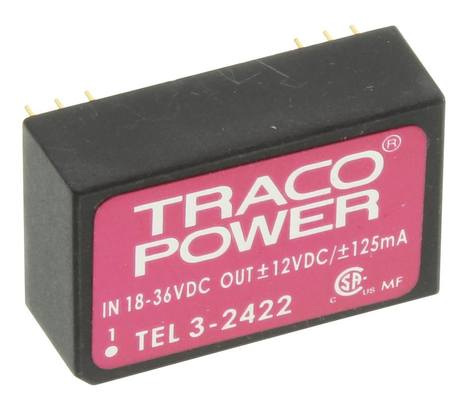 TRACO POWER Isolated Board Mount TEL 3-2422 CONVERTER, DC-DC, +/-12V, 3W TRACO POWER 1204966 TEL 3-2422