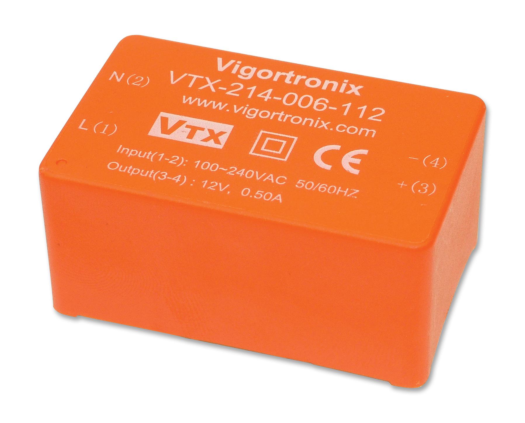 VIGORTRONIX PCB Mount - Single Ouput VTX-214-006-105 POWER SUPPLY, AC-DC, 5V, 1.2A VIGORTRONIX 2464674 VTX-214-006-105