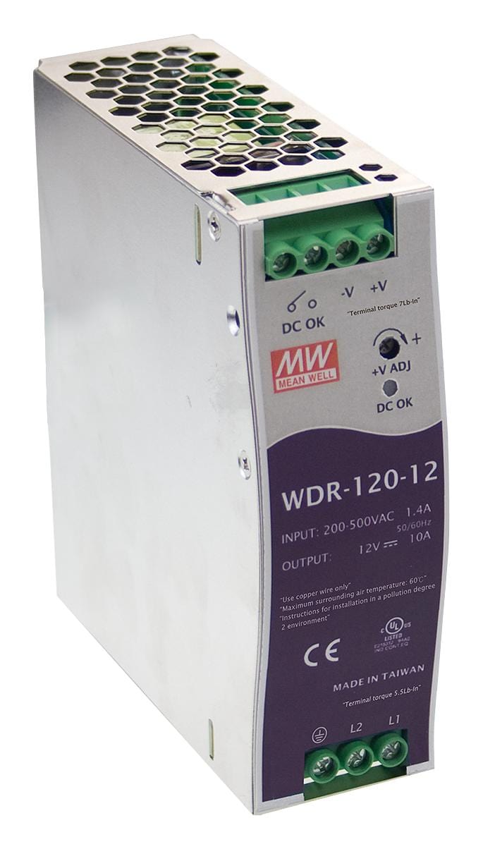 MEAN WELL DIN Rail Mount WDR-120-12 POWER SUPPLY, AC-DC, 12V, 10A MEAN WELL 2815673 WDR-120-12